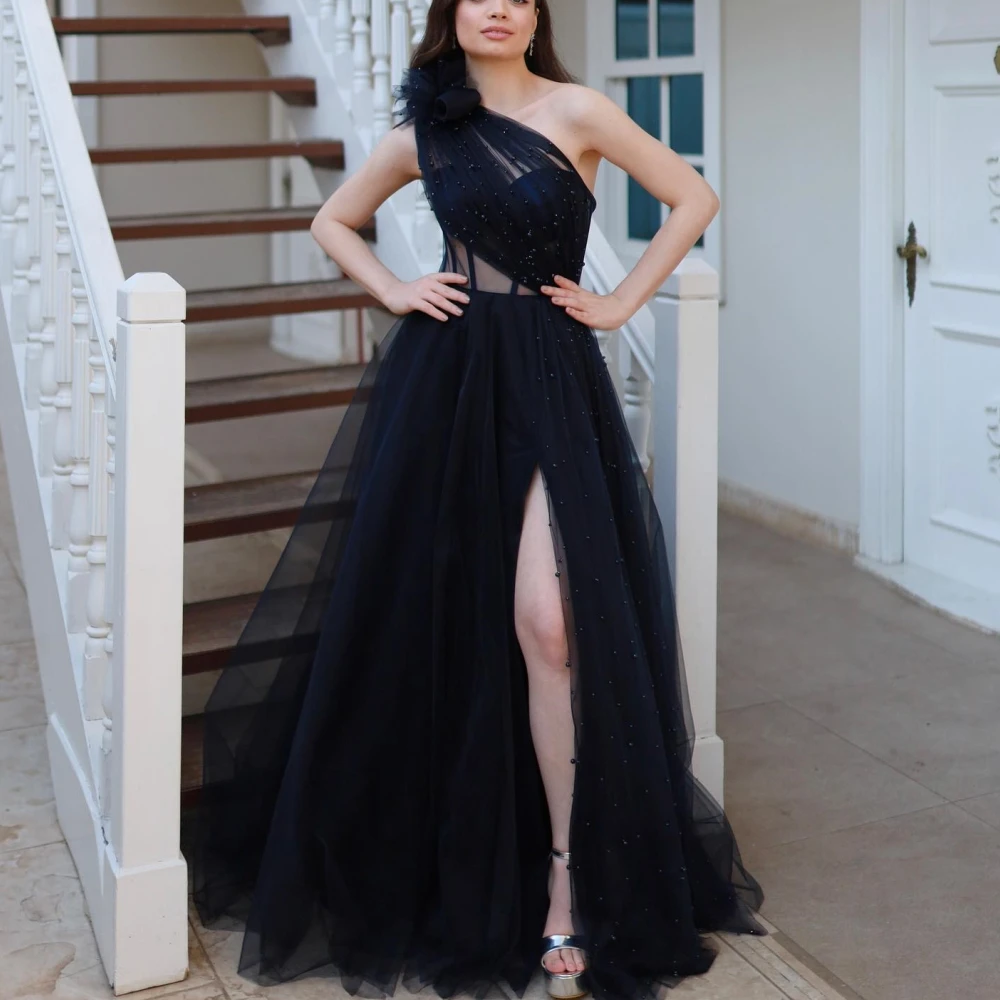 

Женское вечернее платье Qcenkern, без рукавов, с одним открытым плечом, официальное синее Тюлевое платье с жемчужинами, модель 2023