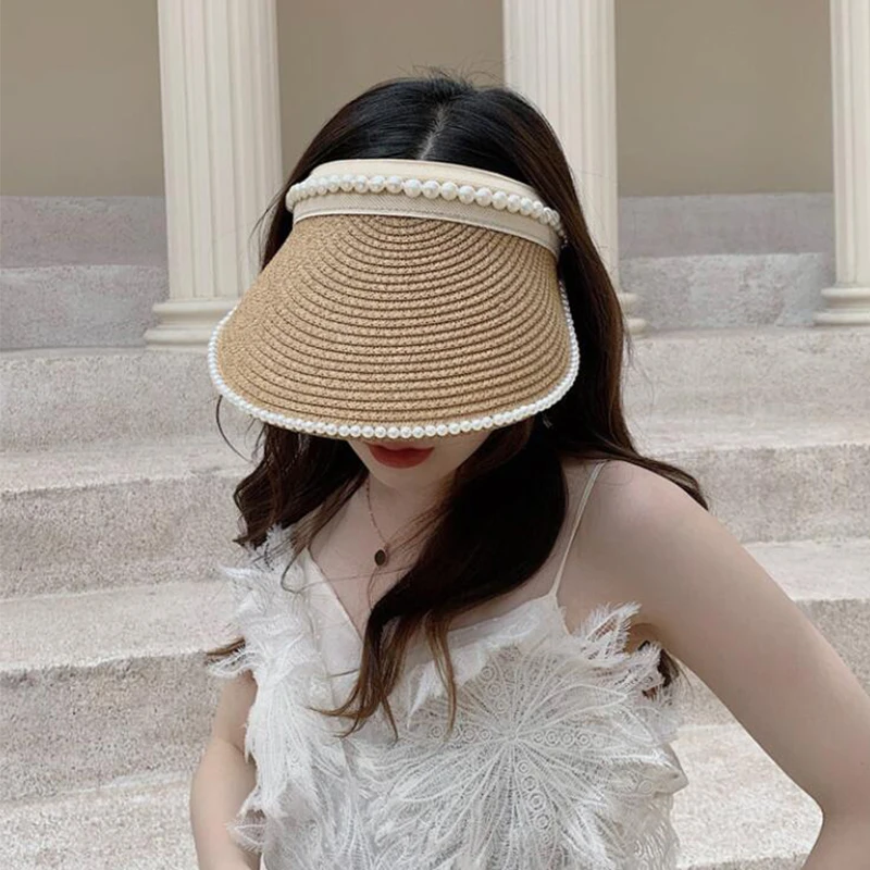 

Pearl Sunshade Empty Top Hat Adjustable Sun Hats Ladies Straw Hat Summer Visors Cap Go Out Beach UV Protection Caps Casquette
