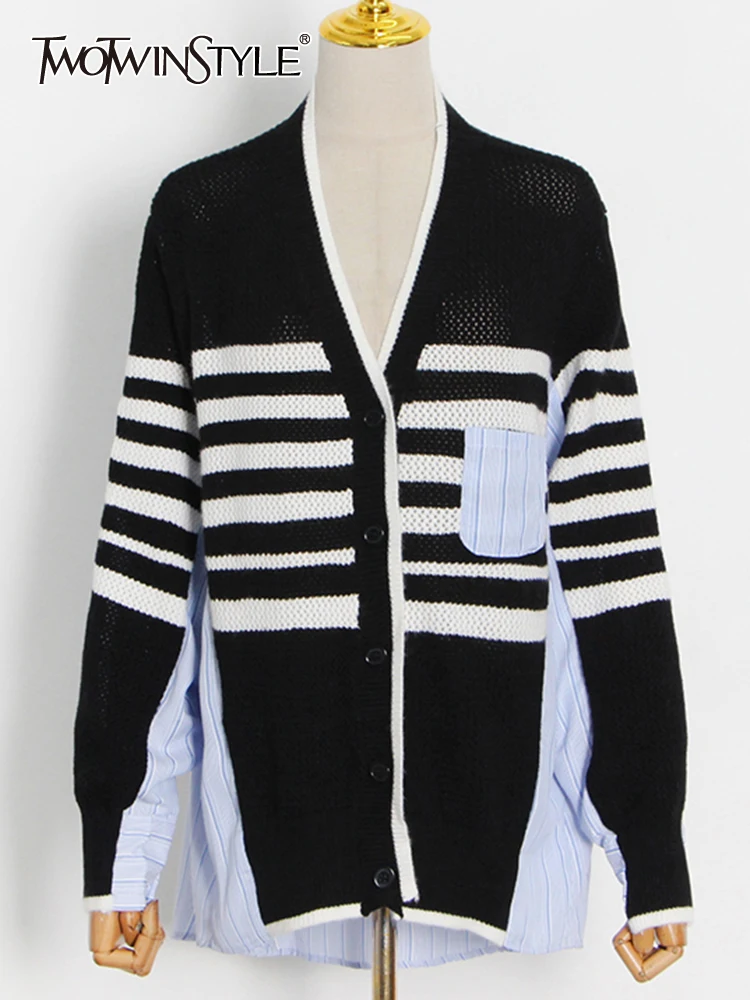 

TWOTWINSTYLE Striped Patchwork Knitted Shirt For Women V Neck Long Sleeve Casual Color Block Blouse Female Fashion New Spring