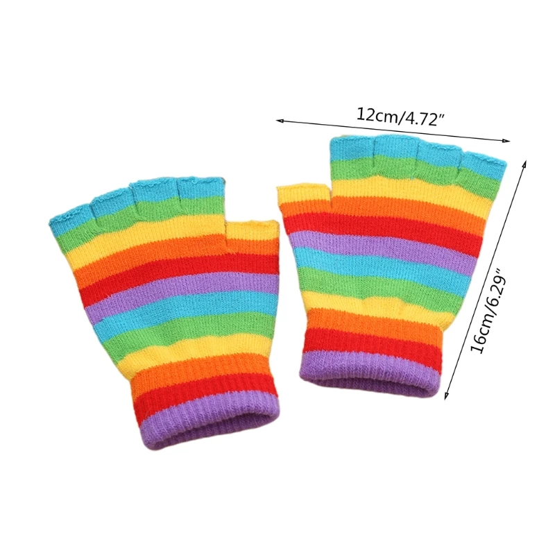 

M2EA Novelty Women's Rainbow Stripe Print Knitted Fingerless Half Finger Winter Stretchy Gloves Warmers in Common Size