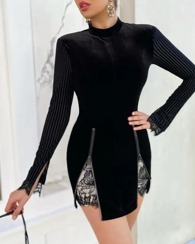 

Elegant Dresses for Women Casual New Fashion 2023 Eyelash Lace Patch Zip Decor Bell Sleeve Bodycon Dress Casual Female Clothing