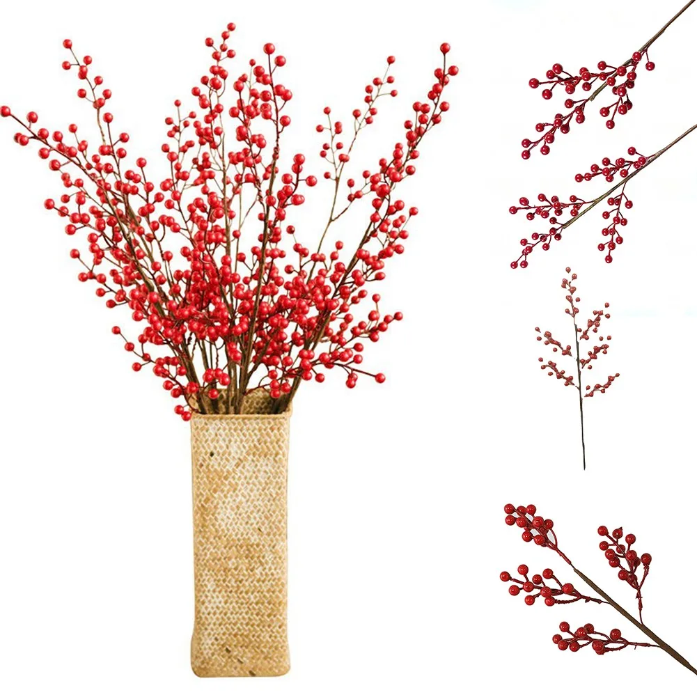 

1Bouquet Artificial Red Berry Stems Holly Flower For Christmas Tree Decorations Fruit Stamen Berries Bundle Cherry Wreaths Decor