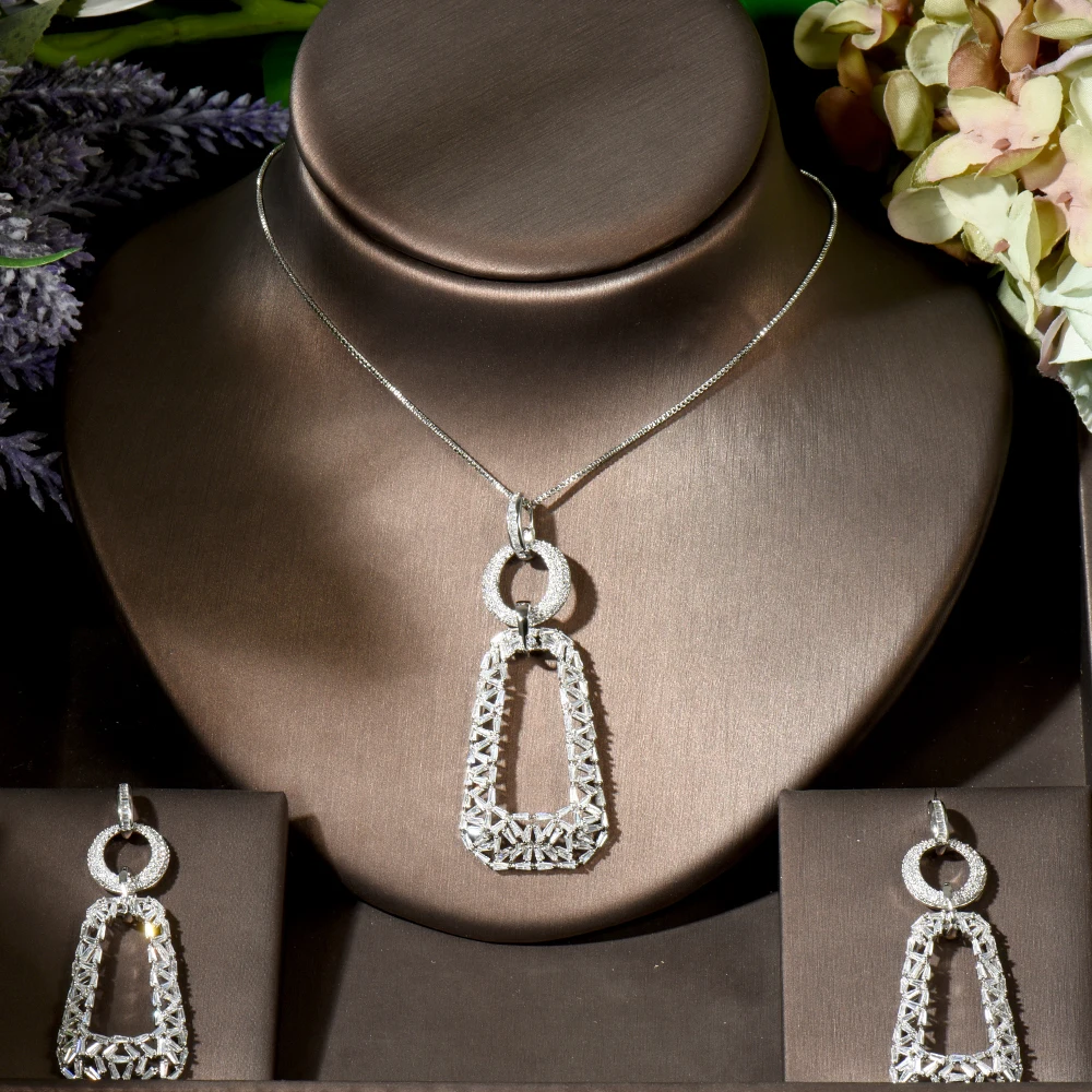

Fashion Charm Geometric Design 2pcs Necklace Earring Set Baguette CZ Jewelry Set for Women Bridal Wedding bisuteria mujer N-1876