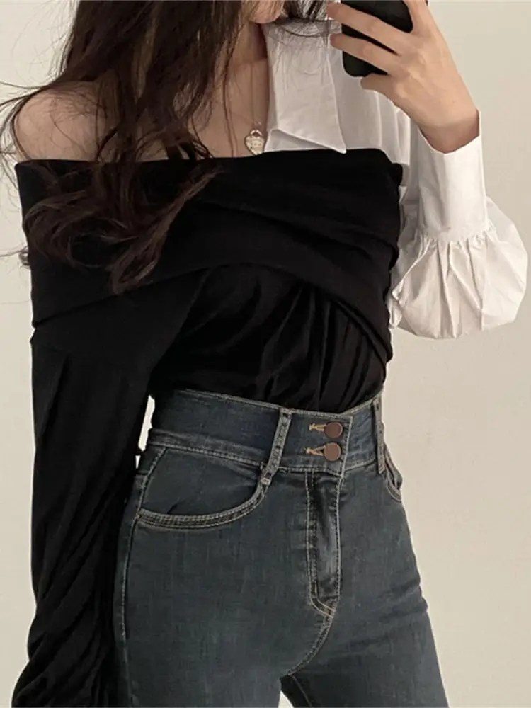 

Женский топ с открытыми плечами Alien Kitty, элегантный минималистичный топ в стиле пэчворк, шикарная свободная Осенняя сексуальная одежда для р...