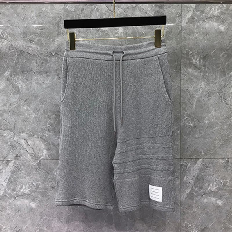 Sports Jogging Men Solid Color Grey Drawstring Shorts Fitness Knee Length Knitted Stripe Pants Short Loose Fashion Hot Pants