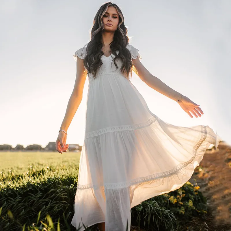 

Популярное однотонное свободное платье в европейском и американском стиле с коротким рукавом и V-образным вырезом и высокой талией, 2022