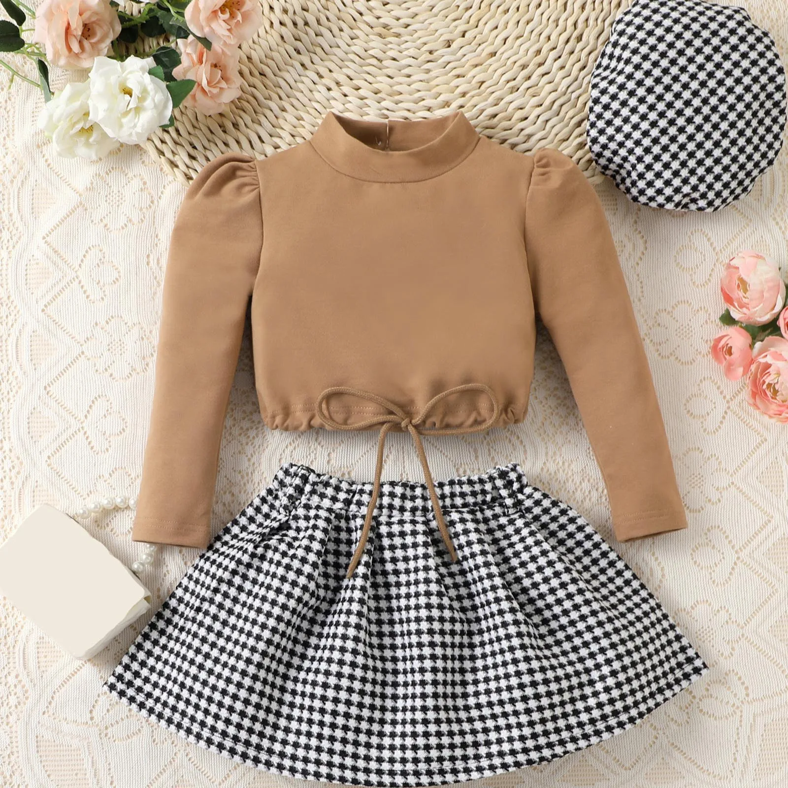 

1-6Y Fashion Toddler Girls Autumn Winter Clothes Sets 3pcs Long Sleeve Turtleneck Pullover Tops+Plaid A-Line Skirts+Beret Suits