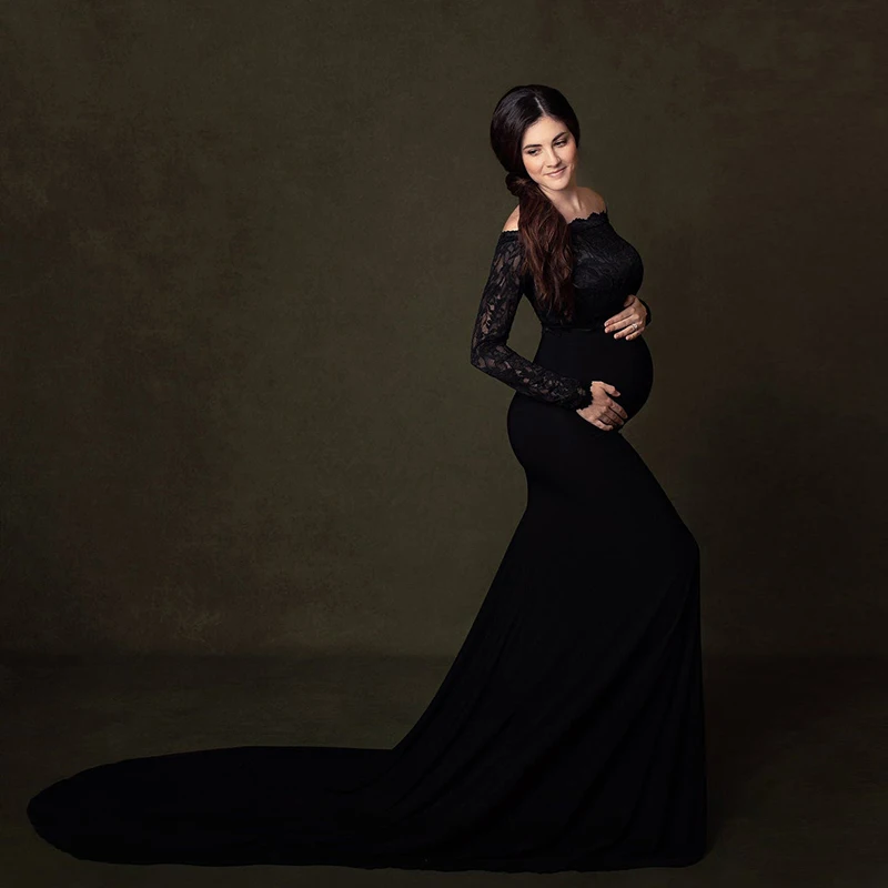 Maternity Dresses Photo Shoot  Baby Shower Women Pregnant  Straight Neck Black Lace Long Sleeved Chiffon Tail  GrossesseVestidos