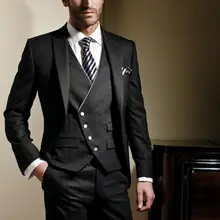 (Jacket+Pants+Tie+Vest)Custom Made One Button Black Groom Tuxedos Peak Lapel Groomsmen Men Wedding D