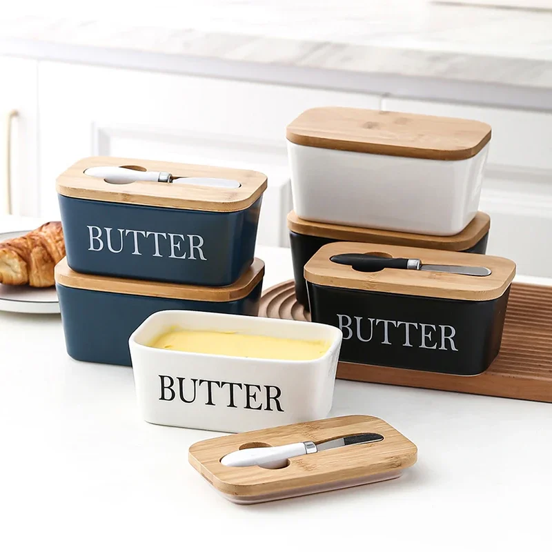 

Nordic Butter Box with Lid and Knives Sealing Butter Dispenser Wooden Cover Ceramic Cheese Tray Kitchen Food Storage Container