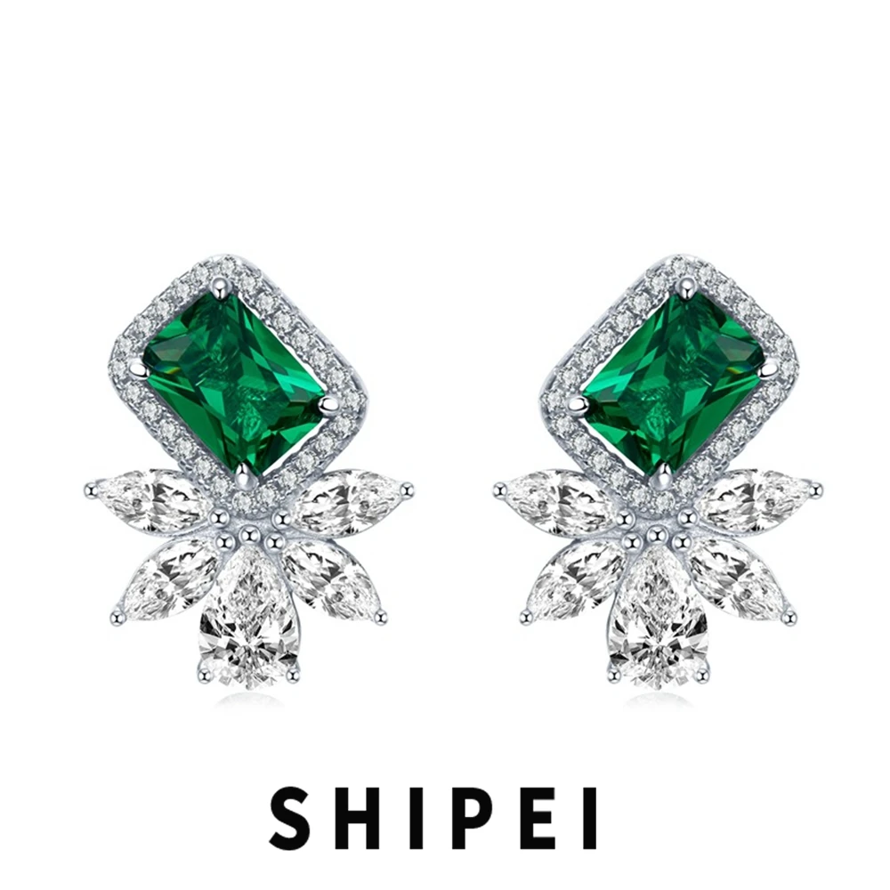 

SHIPEI Vintage Solid 925 Sterling Silver 2CT Emerald White Sapphire Gemstone Ear Studs Earrings For Women Fine Jewelry Wholesale