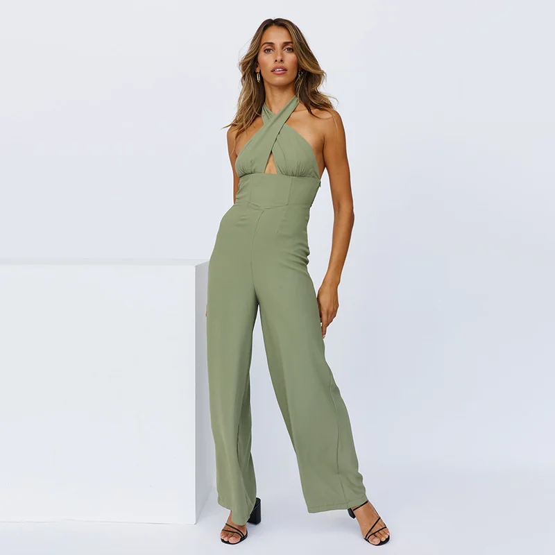 

Backless Halter Sleeveless Wide Leg Long Pants Jumpsuit Green Casual Elastic Waist Sold Summer Beach Overalls Femme