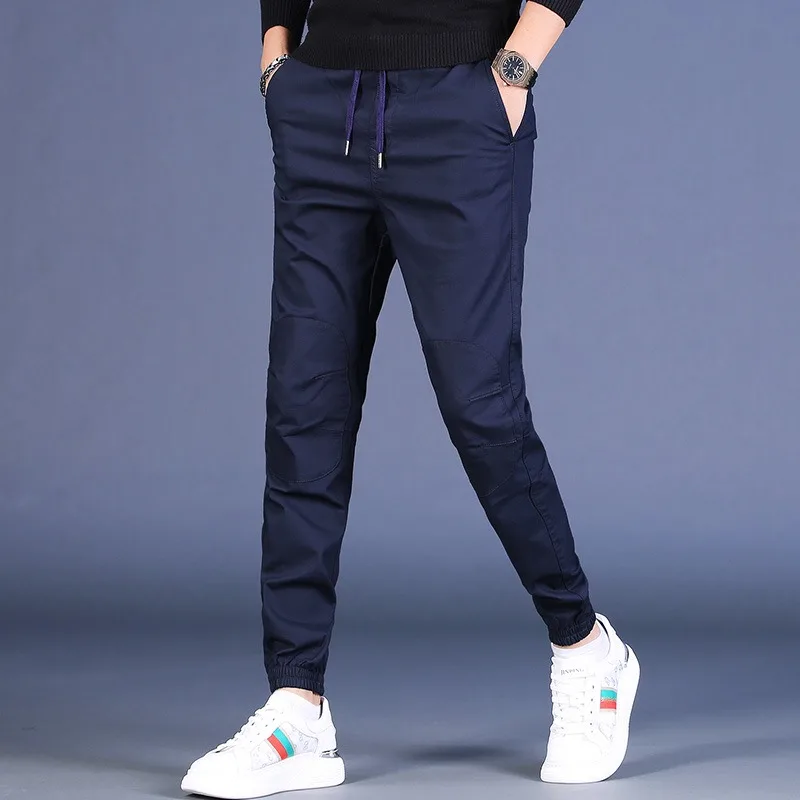 

2022 летние повседневные брюки-карандаш, Мужская Уличная одежда, хлопковые джоггеры, корейские стиль, темно-синие, черные брюки на шнуровке