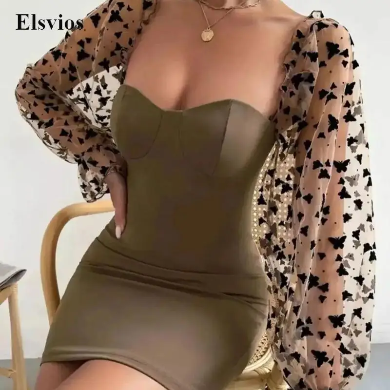 

Elegant Square Collar Lady Bodycon Dress Sexy See-through Butterfly Mesh Lace Party Dress Women Fashion Long Sleeve Mini Dresses