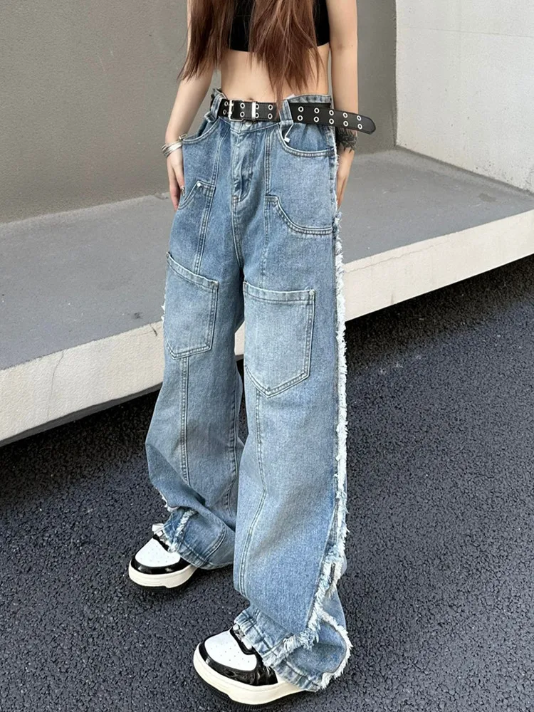Женские джинсы с карманами голубые мешковатые брюки-карго в Корейском стиле