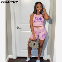 fagadoer casual sportswear pink letter print two piece sets women crop topdrawstring shorts tracksuits summer matching outfits