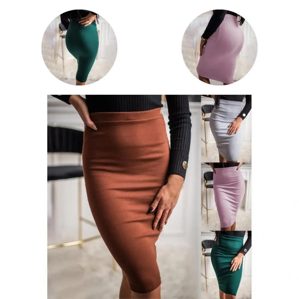 

Elastic Sexy Solid Color Knee-Length Warm Skirt Simple Office Skirt Cold Resistant for Date