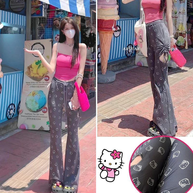 

Брюки Hello Kitty Y2K женские, милые аниме Kawaii, тонкие пикантные повседневные штаны-трубы с завышенной талией, с дырками для девушек, осень