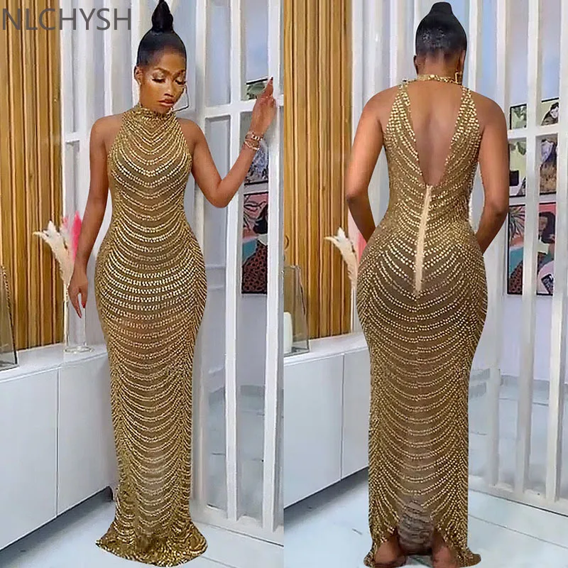 

Sparkly Crystal Rhinestone Bodycon Maxi Dress Women Wedding Evening Backless Mesh See Through Night Party Club Birthday Dress