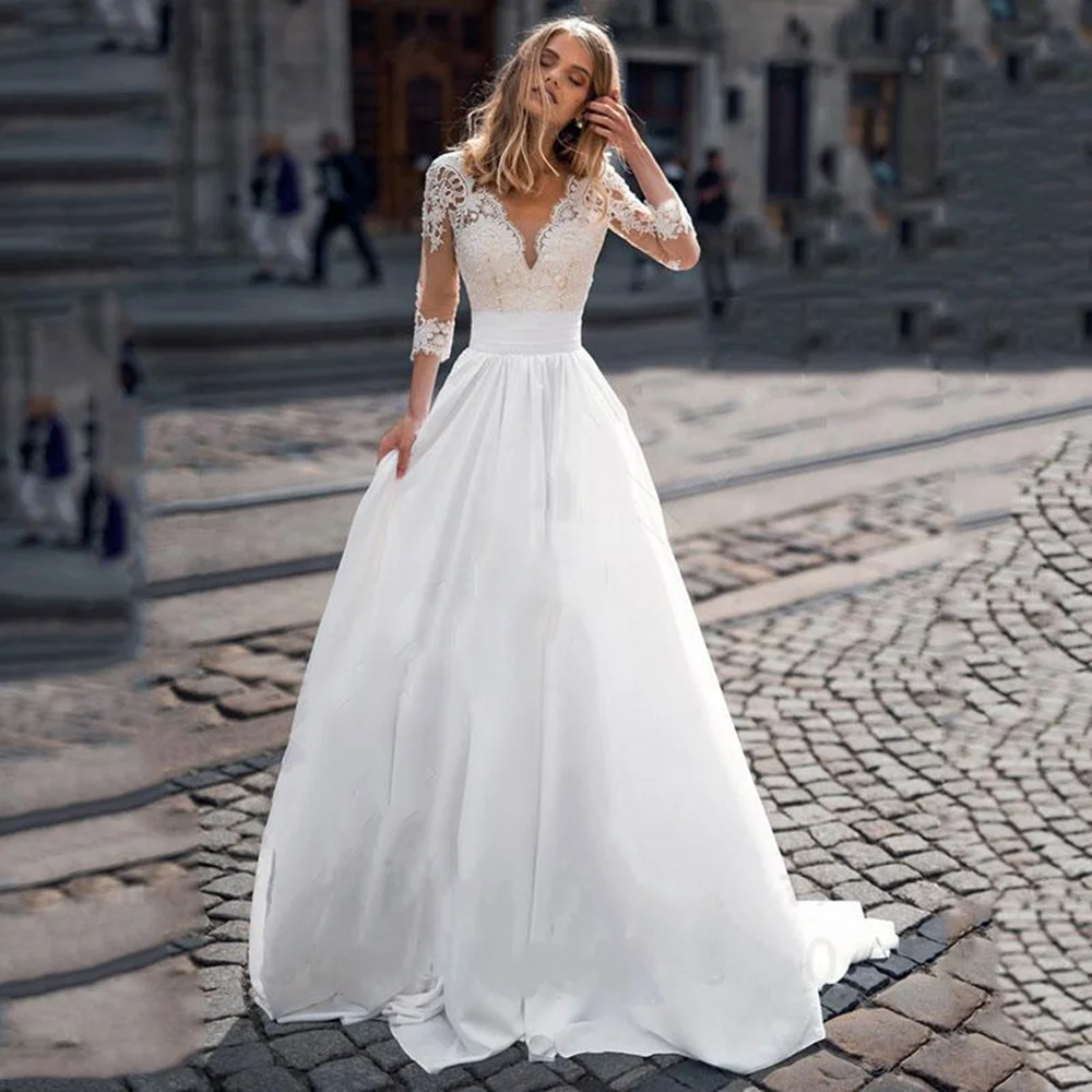 

Элегантное кружевное свадебное платье в стиле бохо для женщин 2022 с рукавом 3/4 современные свадебные пляжные атласные простые наряды Vestido De ...