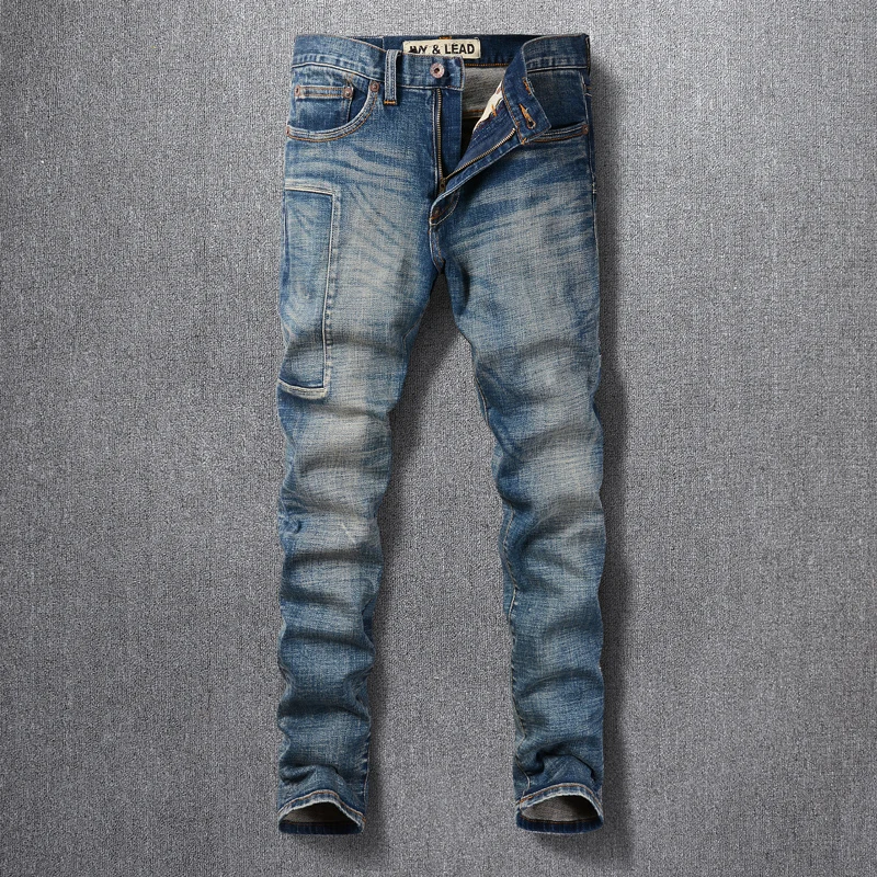 

Streetwear Fashion Vintage Men Jeans Retro Blue Elastic Slim Fit Casual Denim Pants Patched Designer Jeans Men Hip Hop Trousers