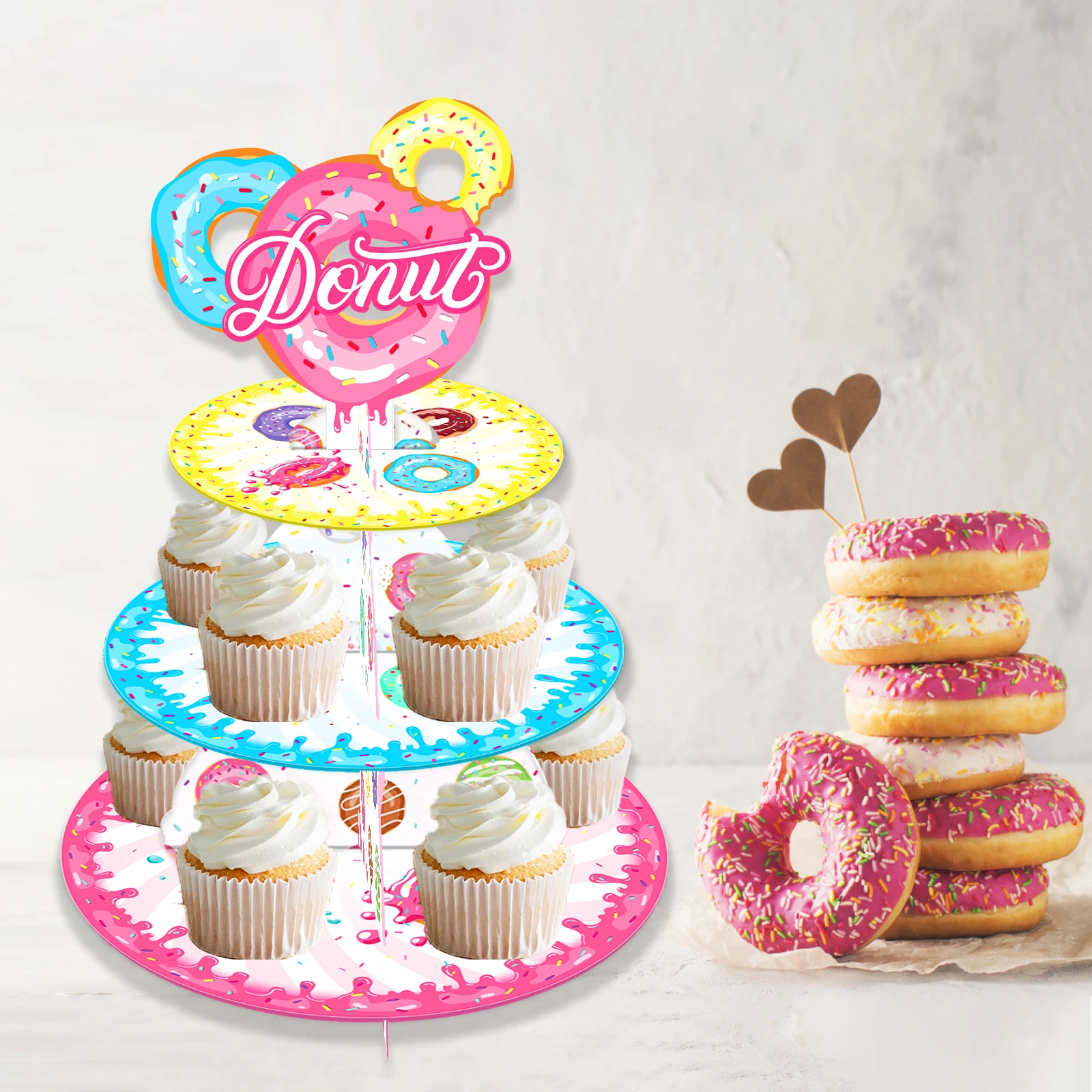 

3 Tiers Cartoon Sweet Donuts Cookie Theme Paper Cupcake Tray Rack Cake Display Stand Birthday Baby Shower Party Decorations