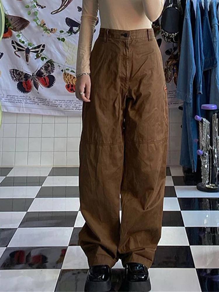 

Grunge Brown Cargo Pants Y2k Alt Baggy Pockets Trousers Vintage High Waist Wide Leg Sweatpants Retro Casual Women Hippie Jeans