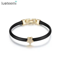 luoteemi gold color trendy handmade black leather bracelet with cubic zirconia star beads charm bangle bracelet for women gifts