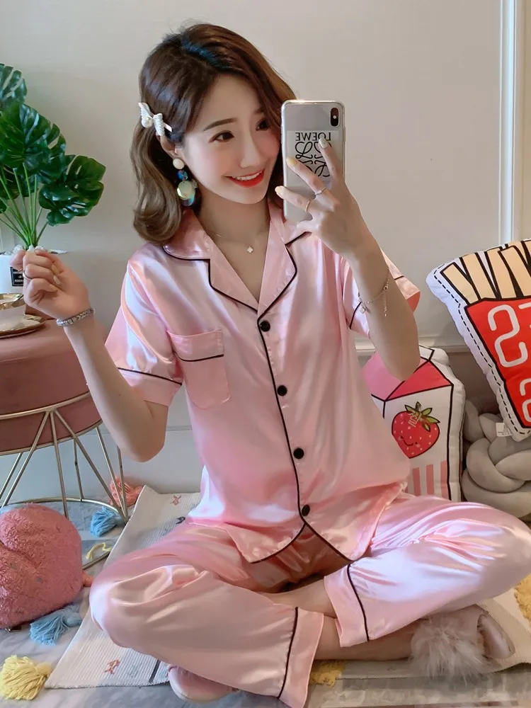 Ice Silk Pajamas Women Summer Thin Short sleeve Trousers Plus size Sexy New Real Home Wear Loose Set