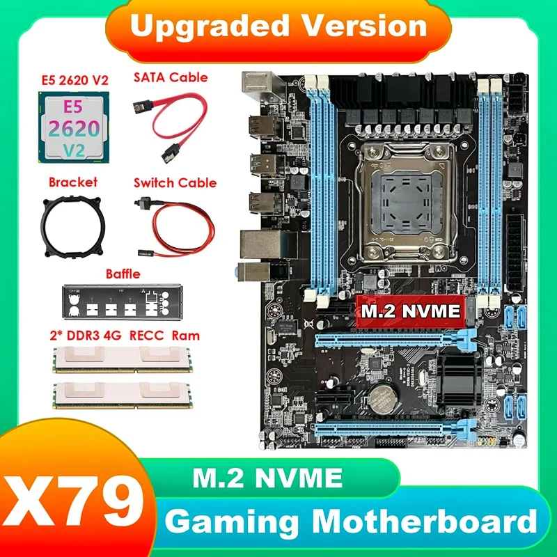 X79 Motherboard+E5 2620 V2 CPU+2XDDR3 4G RECC RAM+SATA Cable+Switch Cable+Baffle+Bracket LGA2011 M.2 NVME Gigabit LAN