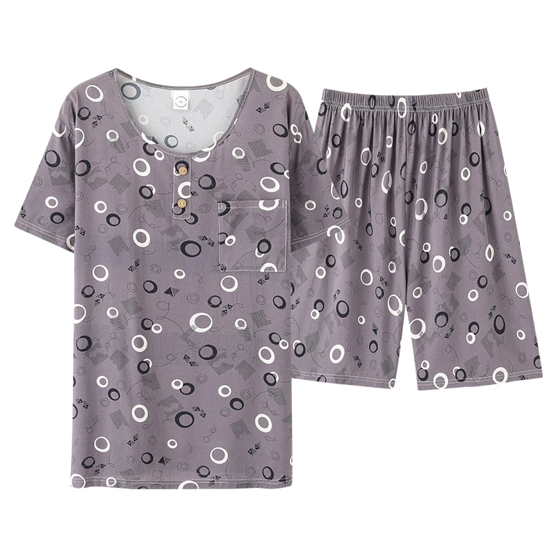 CAIYEIR 2022 Men Grid Print Pajamas Set Summer Short Sleeve Shorts Sleepwear For Men Loose Soft Cotton Nightwear Lounge Wear 3XL