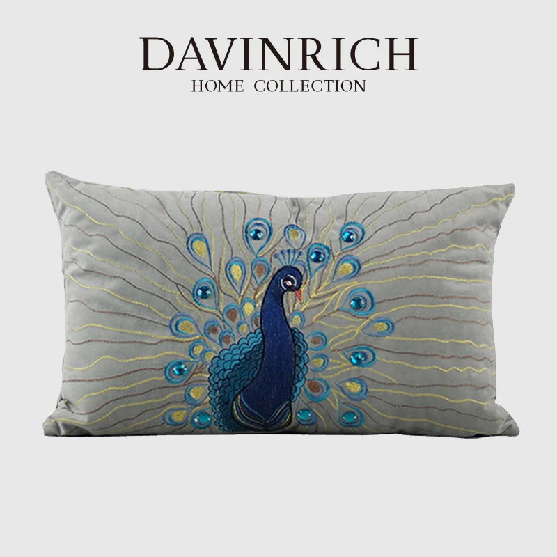 

DAVINRICH American Style Peacock Embroidery Lumbar Pillow Case Toss Luxury Velvet Rectangle Cushion Cover For Patio Home Office