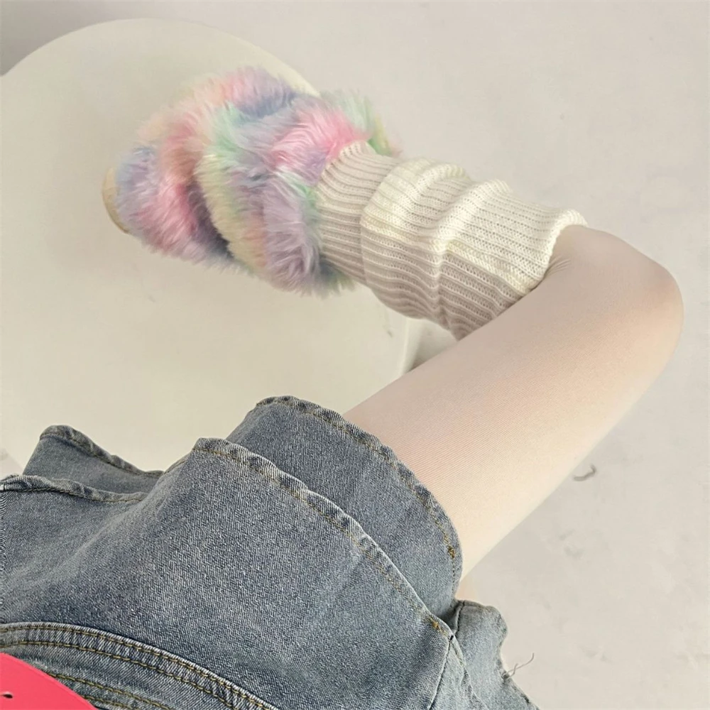 

Японские радужные плюшевые гетры, милые пушистые гетры в стиле панк, женские длинные Вязаные гольфы для ног в стиле хип-хоп Y2k, уличная одежда