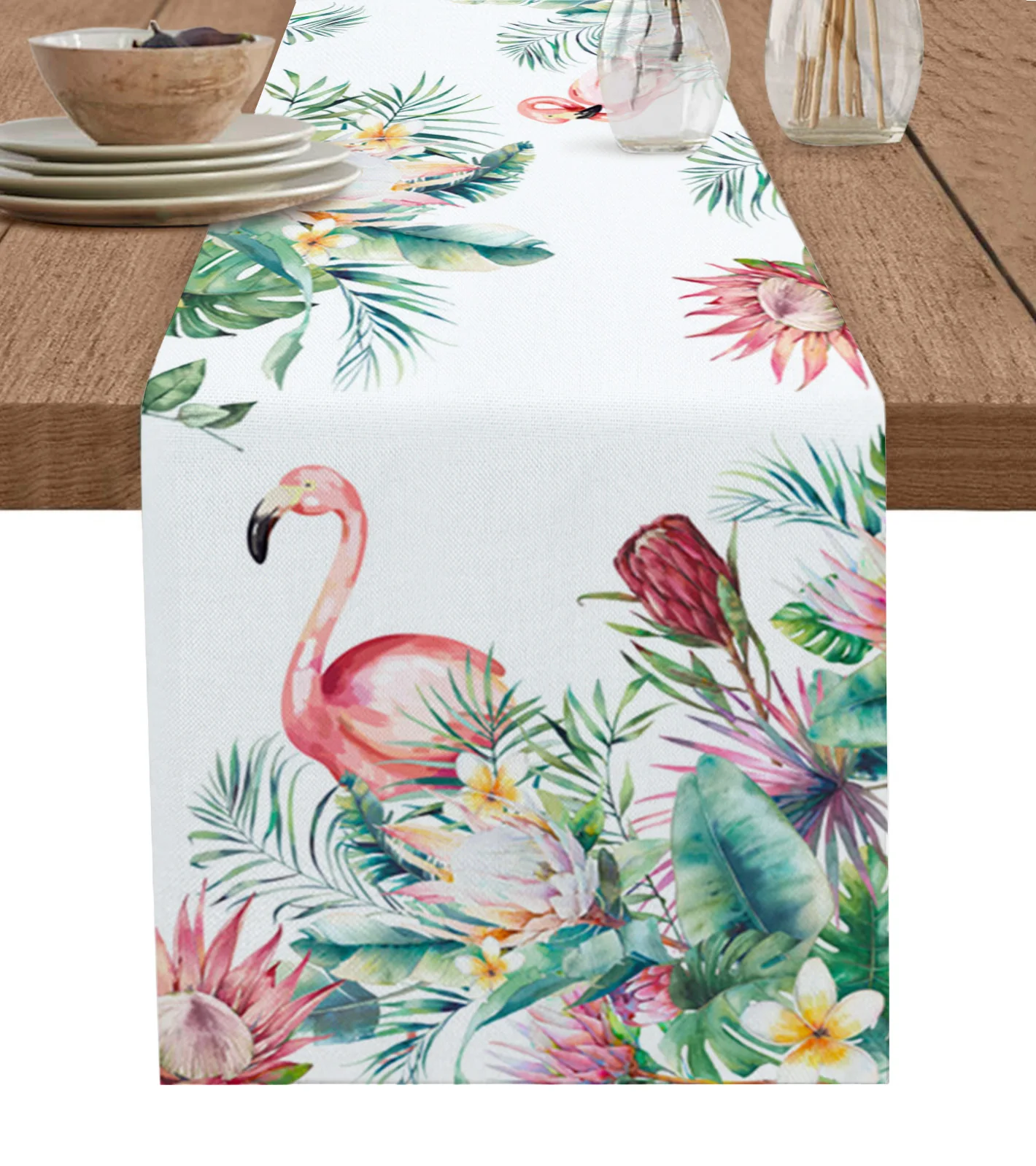 

Ins Style Tropical Plants Flamingos Table Runner Luxury Kitchen Dining Table Cover Wedding Party Decor Cotton Linen Tablecloth