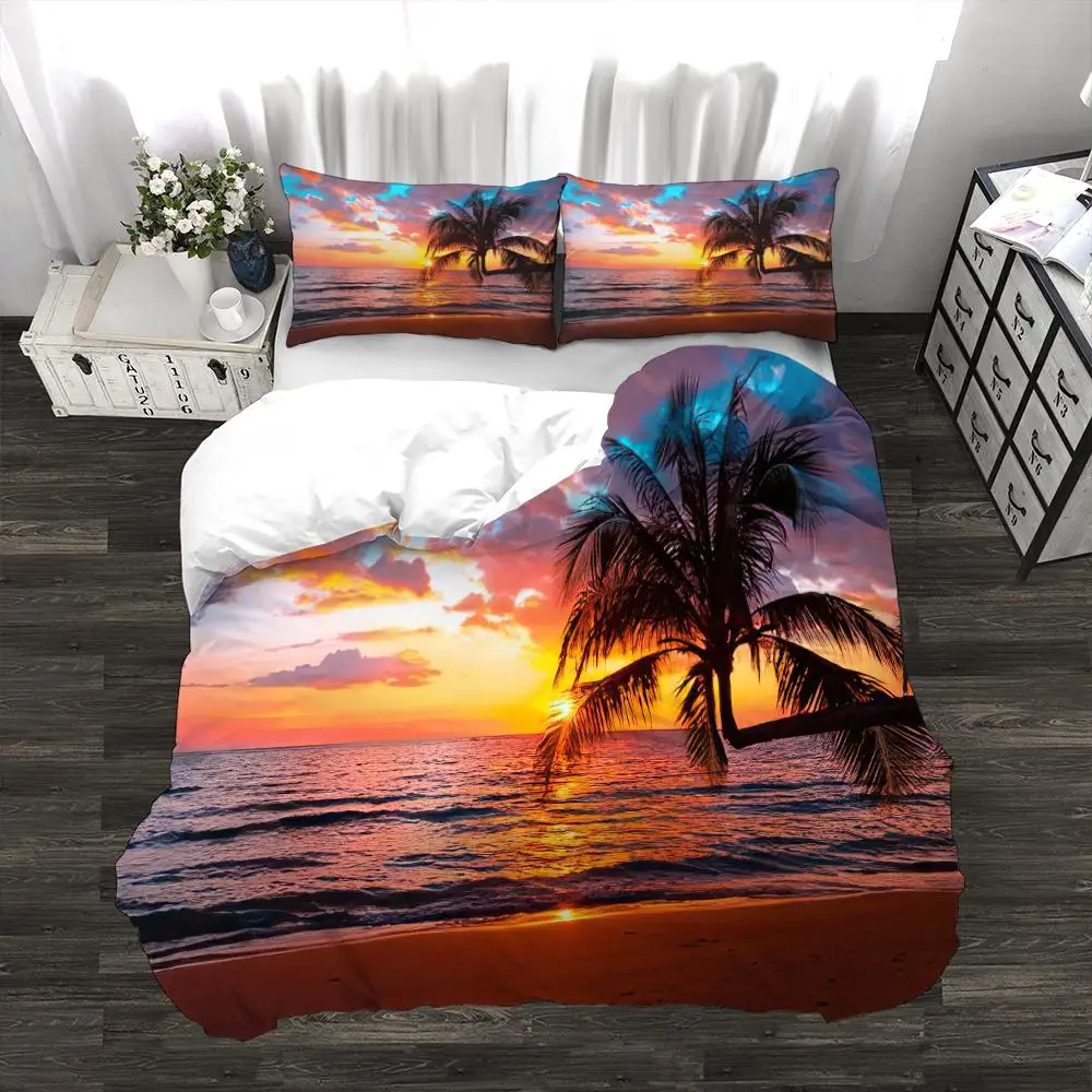 

Palm Leaves Duvet Cover Set Sunset Dusk King Size Bedding Set Full Size Hawaiian Tropical Palm Tree Nature Scene Comforter Cover