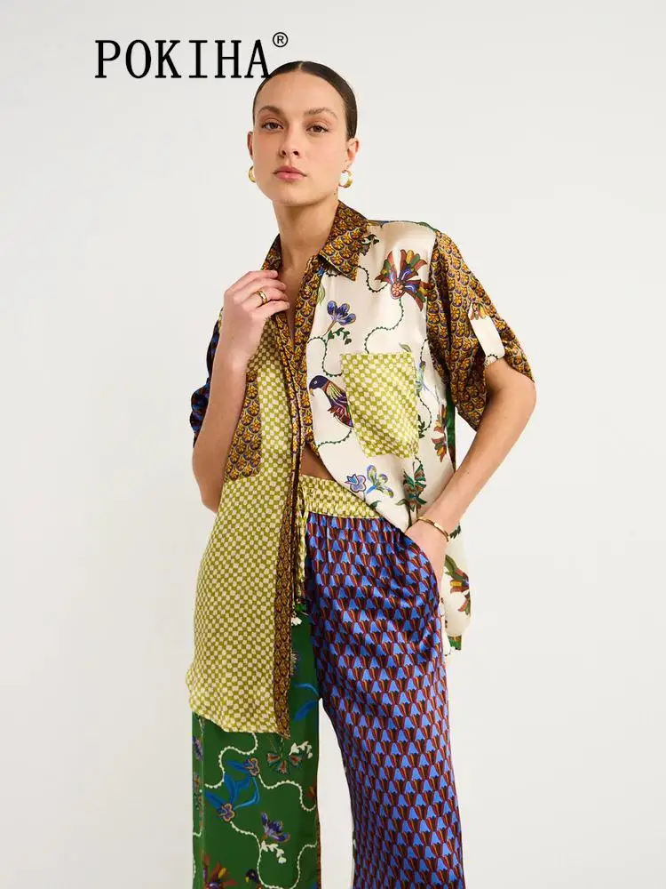 

Pokiha Polo Collar Printed Vintage Short Sleeve Loose Dress Casual Fashion Suit Women Summer Long Pants Two Piece Sets Holiday