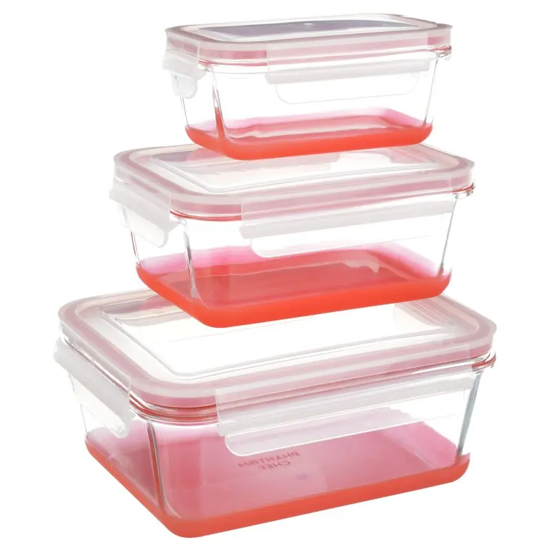 

Elegant Set of 3 Nestable Red Glass Food Storage Containers with Lids 2 cup, 4 cup, 7.3 cup - Perfect Space Savers.