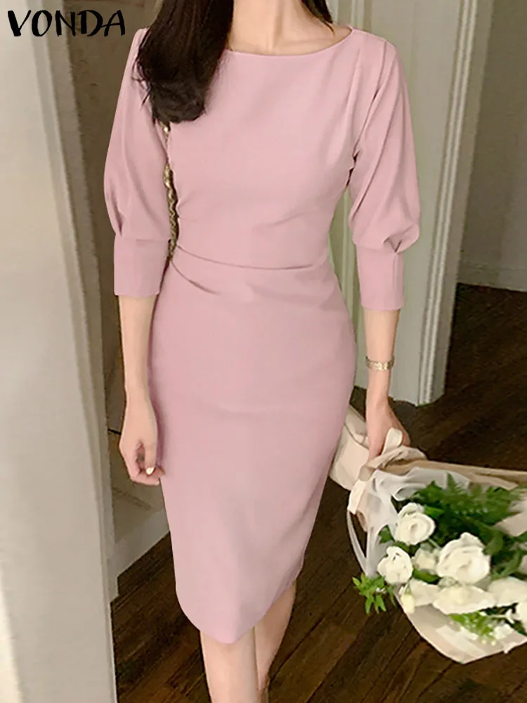 

VONDA Office Dress 2023 Summer Casual Solid Color Women Elegant Dress Loose Vestidos Pleated Zipper Streetwear Midi Robe Femme