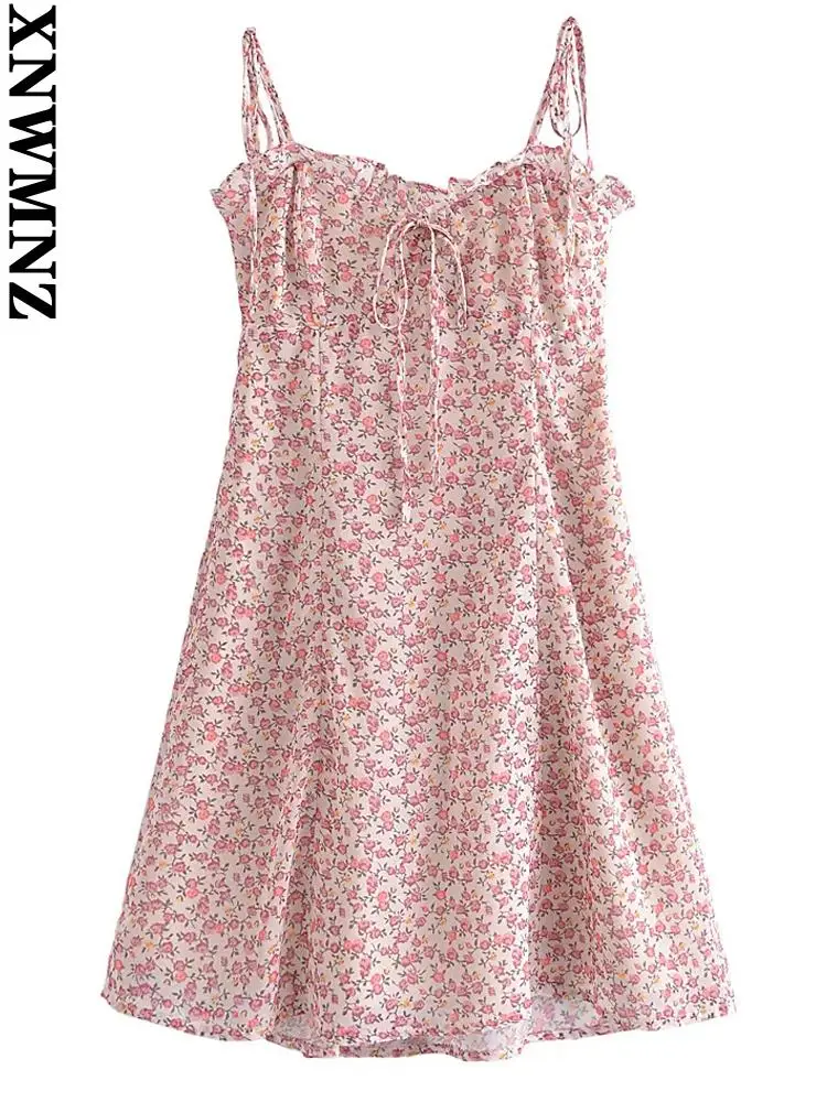 

XNWMNZ summer Women fashion french floral print lace-up mini dress vintage backless elastic thin straps female dresses vestidos