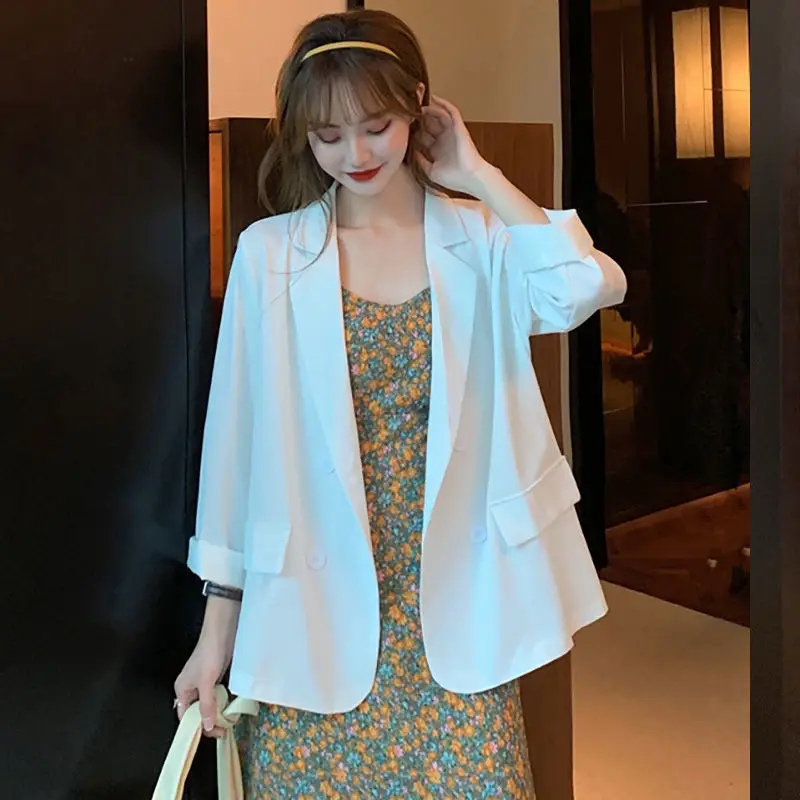 F GIRLS Blazers Women Loose Pockets Summer New White Thin All-match Streetwear Outwear Classic Double Breasted Mujer Office Lady