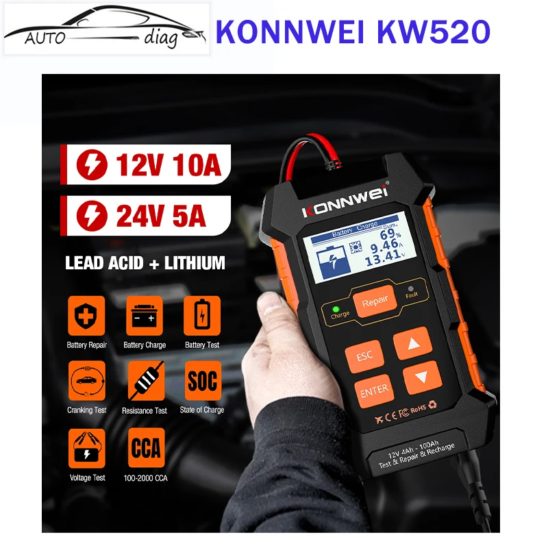 

KONNWEI KW520 12 В 10A 24 В 5A Автоматический автомобильный тестер батареи грузовика зарядное устройство свинцово-кислотный автомобильный аккумулятор импульсный инструмент для ремонта AGM Gel Lithium
