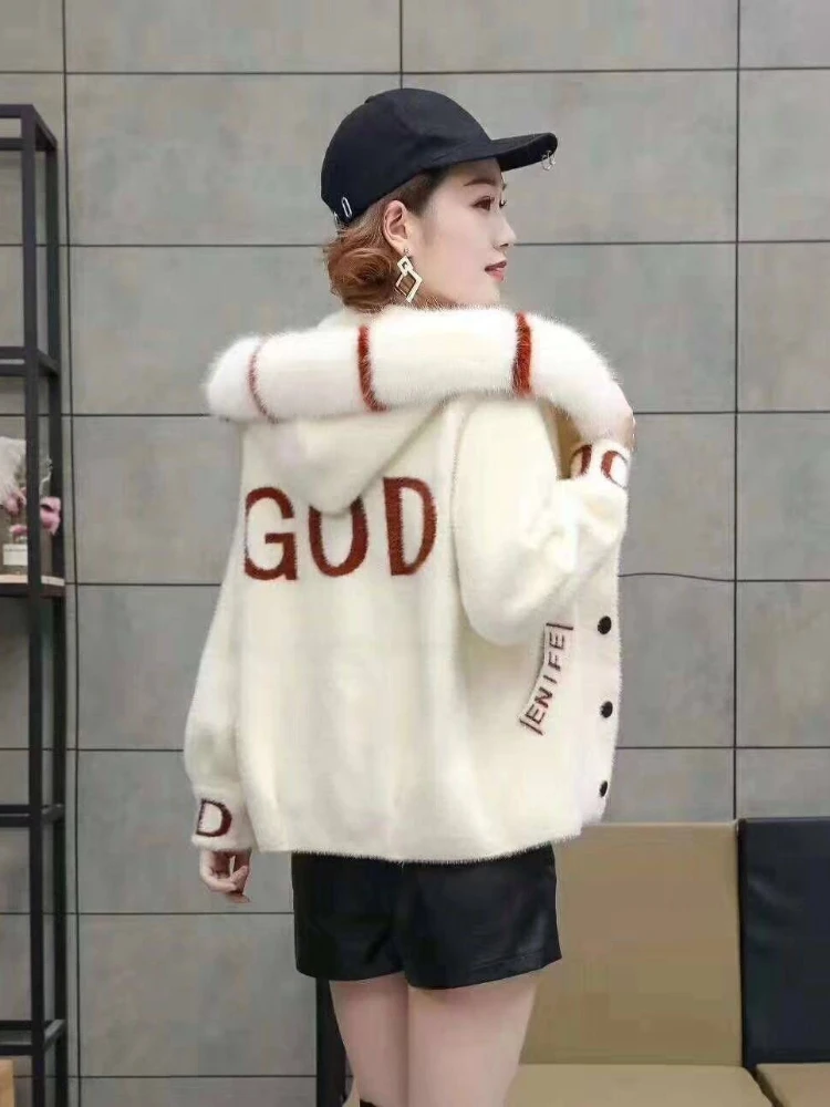 

New in Autumn Winter Cardigan Women Imitation Mink Hooded Tops Letter Print Single Breasted Pocket Warm Thick Knitted Jackets