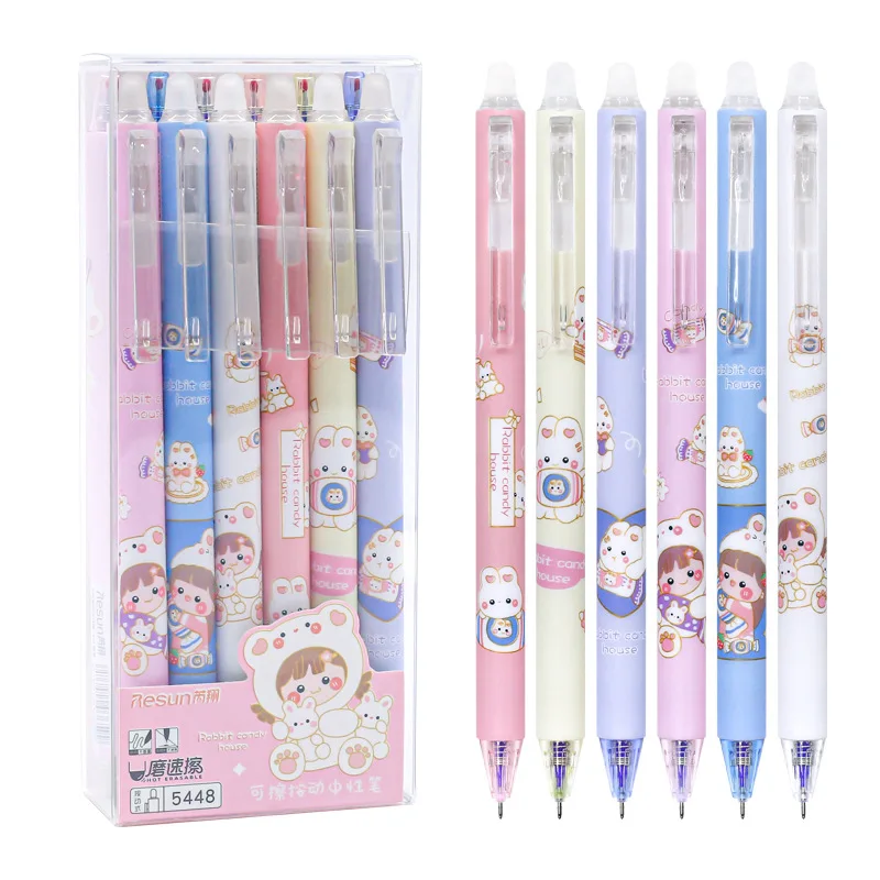 

6 Pcs/lot Kawaii Rabbit Girl Cartoon Erasable Gel Pen School Office Supplies Stationery Cute Retractable Gel Ink Pen 0.5mm Blue