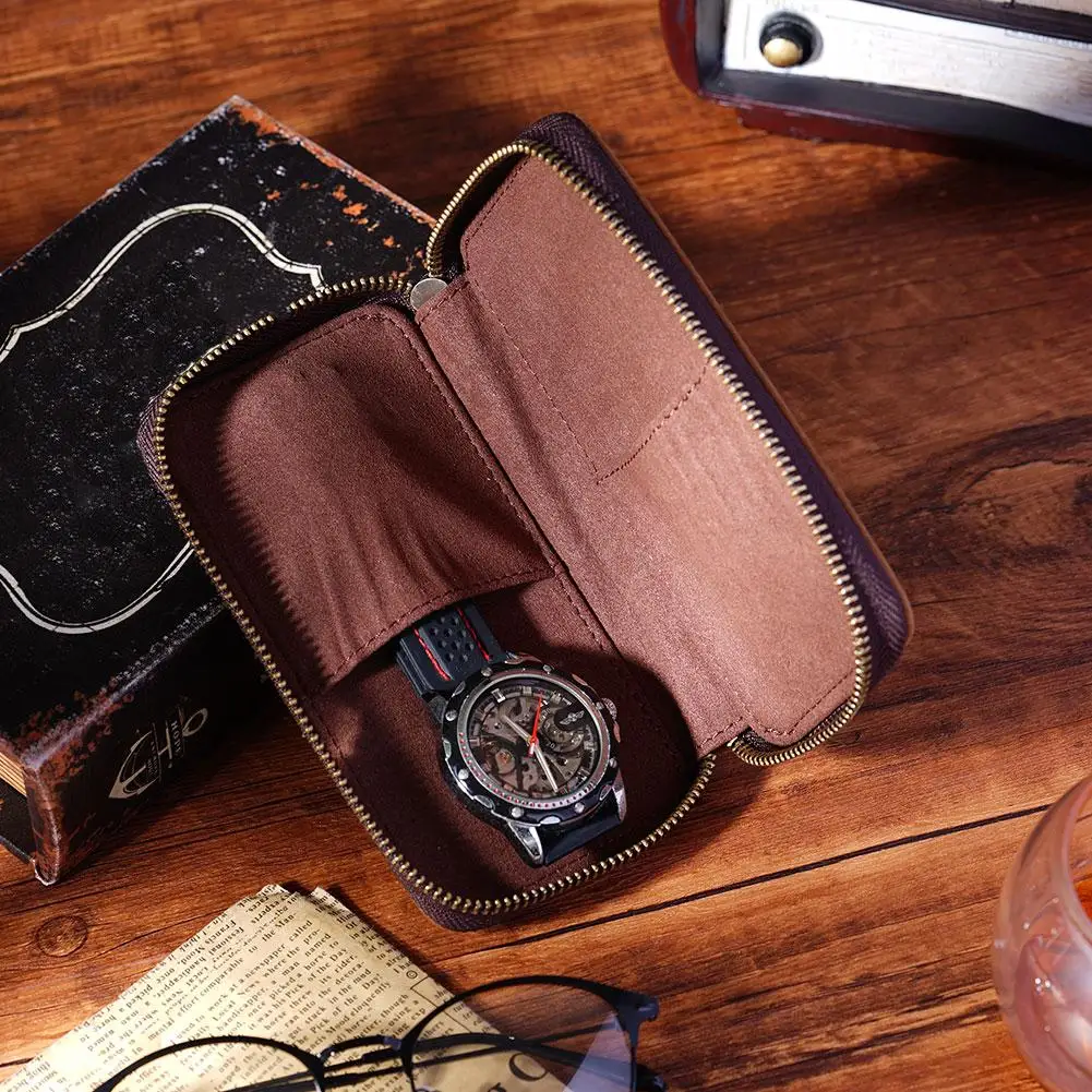 

2-Slot Rustic Leather Watch Box Vintage Pouch With Brown Watch Bag Holds Organizer Collector Portable Watch Organizer Zippe U9L0