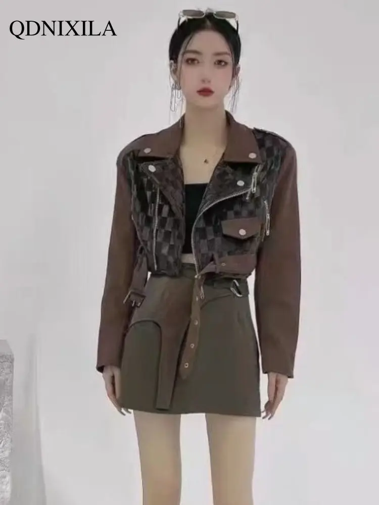 2023 Spring Jacket Women Y2k Black-and-white Plaid Contrast Stitching PU Leather Jacket Women New Outerwear Top Women UltraShort