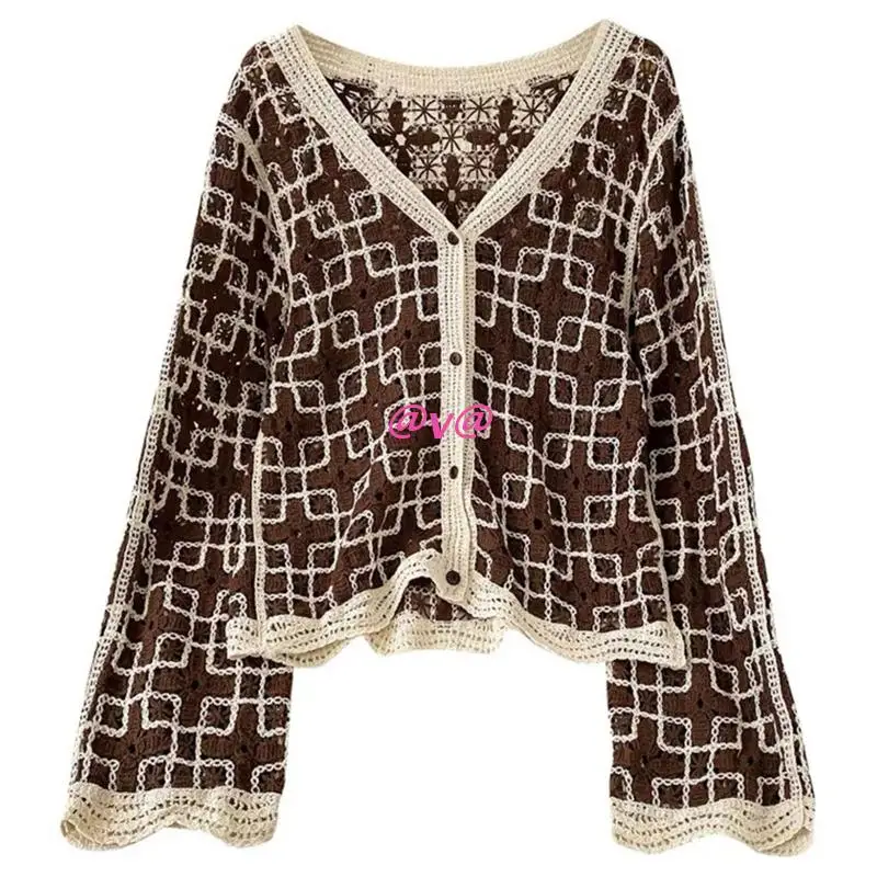 

Women Long Sleeve V-Neck Crochet Cardigan Vintage Knit Geometric Sweater Outwear