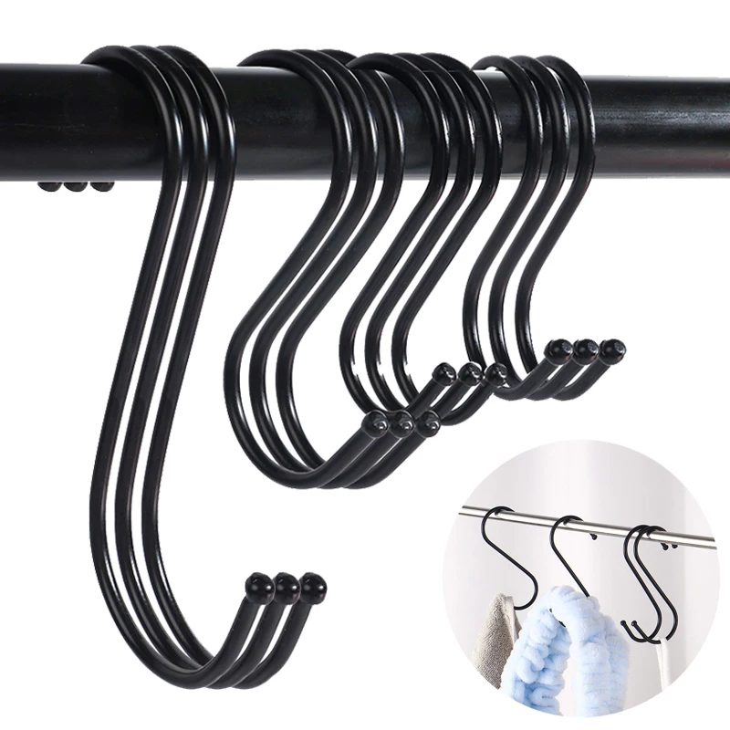 10pcs Black S Shape Hook Kitchen Pan Hanging Holder Garden Bathroom Towel Bags Clothes S Hooks Home Storage Tools Railing Hanger