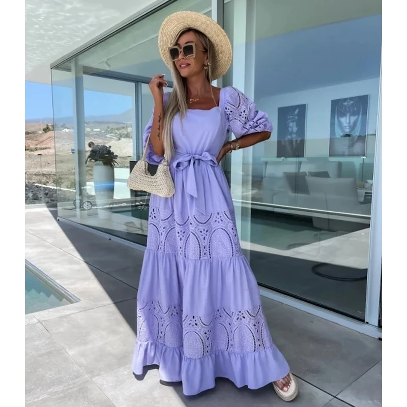 

Женское платье-макси с квадратным вырезом, свободное однотонное ажурное платье во французском стиле с пышными рукавами и широкой юбкой, лето