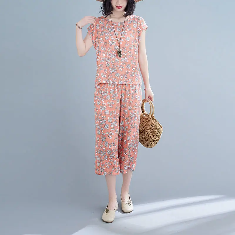 

2022 Women Summer New 2 Piece Suits Female Cotton Silk Print Short Sleeve Tops+Pants Ladies Mother Comfortable Pyjamas Sets I51