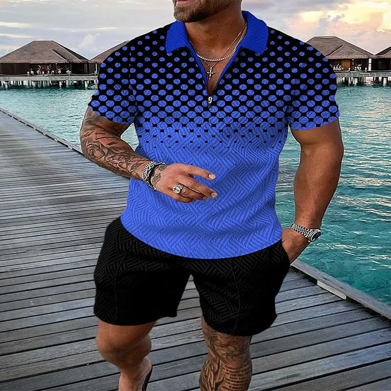 Men's summer casual printed short-sleeved lapel Polo shirt + sports shorts 2-piece men's fashion street wear